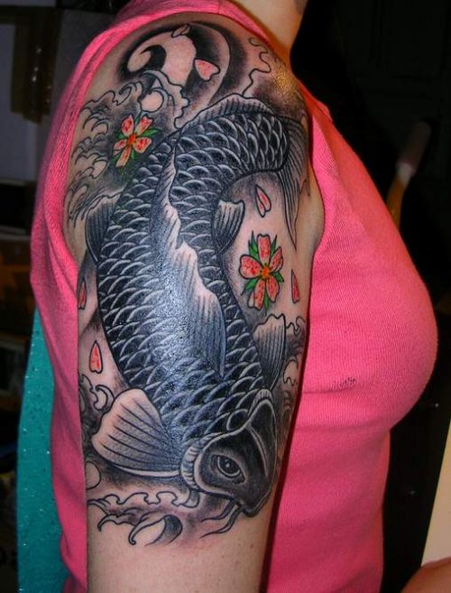Girl Right Half Sleeve Carp Fish Tattoo